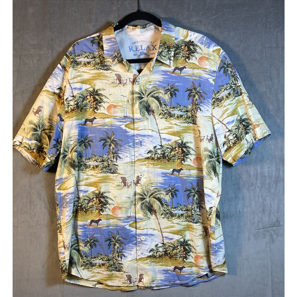 Tommy Bahama Hawaiian Mens Shirt XL Cotton Chair Palm Short Sleeve Button‎ Up
